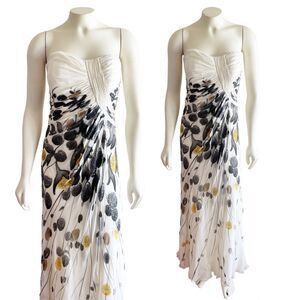 Cassandra Stone Silk Cream Petal Beaded Sequin Strapless Gown Black Yellow Sz 8